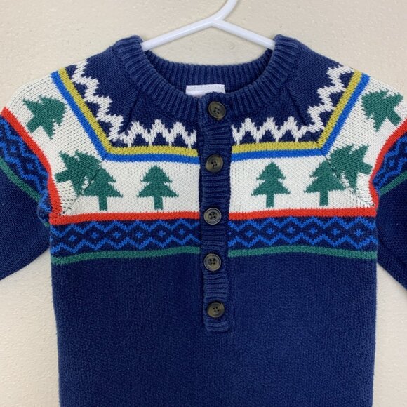 Hanna Andersson 75 12-18 Months Sweater Romper Knit Fair Isle Holiday Trees Navy - Picture 4 of 14